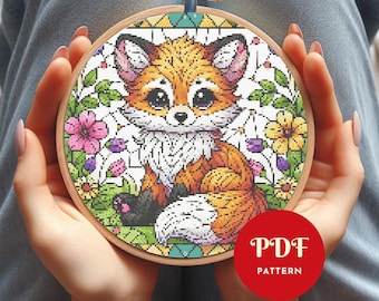 かわいいキツネのクロスステッチパターン、森の動物の刺繍デザイン、ニードルポイントチャート、簡単なクロスステッチPDFパターン、すぐにダウンロード、DIY