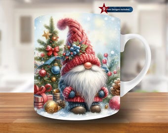 Cute Christmas Gnome Mug Wrap, 11oz & 15oz Mug Template, Christmas Mug Sublimation Design, Winter Mug Wrap Template,Instant Download Png