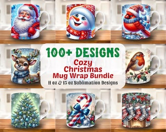 May include: A collection of white ceramic mugs with various Christmas-themed designs. The mugs feature images of Santa Claus, a snowman, a cardinal, a reindeer, a Christmas tree, a candy cane, and stockings. Text on the image reads "100+ DESIGNS Cozy Christmas Mug Wrap Bundle 11 oz & 15 oz Sublimation Designs."
