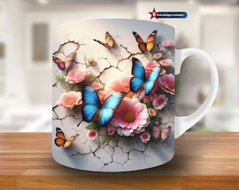 Blue Butterfly Floral Mug Wrap, 11oz 15oz Mug Design (Digital PNG)