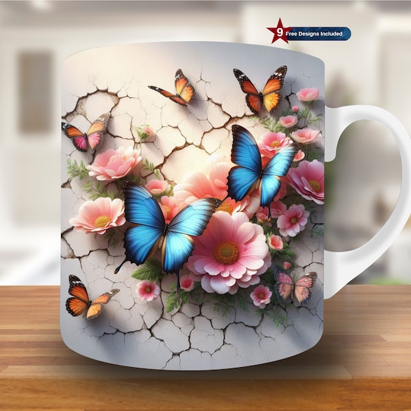 3D Blue Butterfly Hole In A Wall  Mug Wrap, 11oz & 15oz Mug Design, Flower Mug Sublimation Design, Mug Wrap Template PNG, Coffee Mug, white