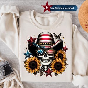 Patriotic Skull Png, Sublimation Design, Clipart Png, American Cowboy Hat Skull Shirt, Trendy Png, T-Shirt Design, Instant Download Png, DTF