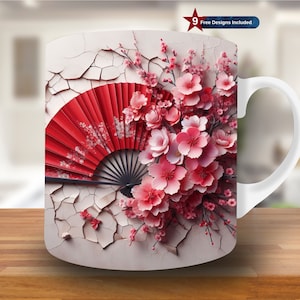 3D Japanese Red Fan on Wall Mug Wrap, 11oz & 15oz Mug Template,Flower Mug Sublimation Design,Coffee Mug Wrap Template PNG,Japan mug wrap