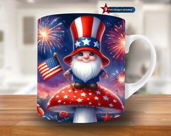 Independence Day Gnomes mokomslag, 11oz en 15oz moksjabloon, moksublimatieontwerp, mokomslagsjabloon, instant digitale download png, Amerikaans