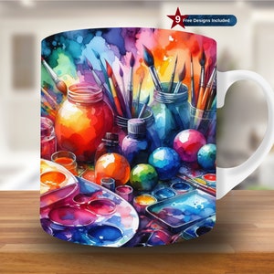 Watercolor Paint Tools Brush Mug Wrap, 11oz & 15oz Mug Template, Mug Sublimation Design, Mug Wrap Template, Instant Digital Download PNG