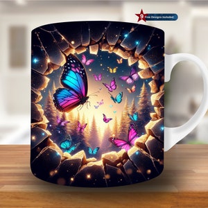 May include: A white ceramic mug featuring a colourful butterfly design. The butterflies are flying through a crack in a stone wall, with a forest and a glowing light in the background.