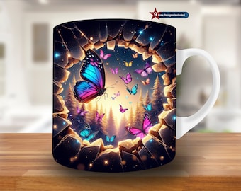 3D Neon Butterfly Hole In A Wall Mug Wrap, 11oz & 15oz Mug Design, Flower Mug Sublimation Design, Coffee Mug Wrap Template PNG, Digital Png