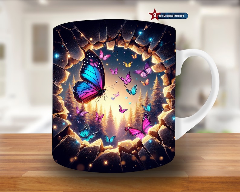 May include: A white ceramic mug with a colorful butterfly design. The butterflies are flying through a crack in a stone wall, with a forest and a glowing light in the background.