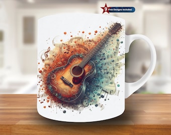 Kubek z gitarą i nutami 3D, szablon kubka 11oz i 15oz, projekt sublimacji kubka retro, szablon kubka, pobieranie cyfrowe PNG, vintage