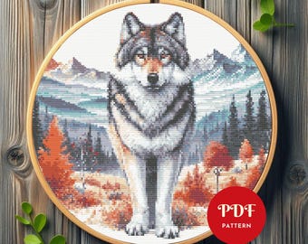 Wolf Cross Stitch Pattern, Wild Animal Embroidery Pattern, Landscape Embroidery Design, Wolf Cross Stitch PDF Pattern File, Digital download