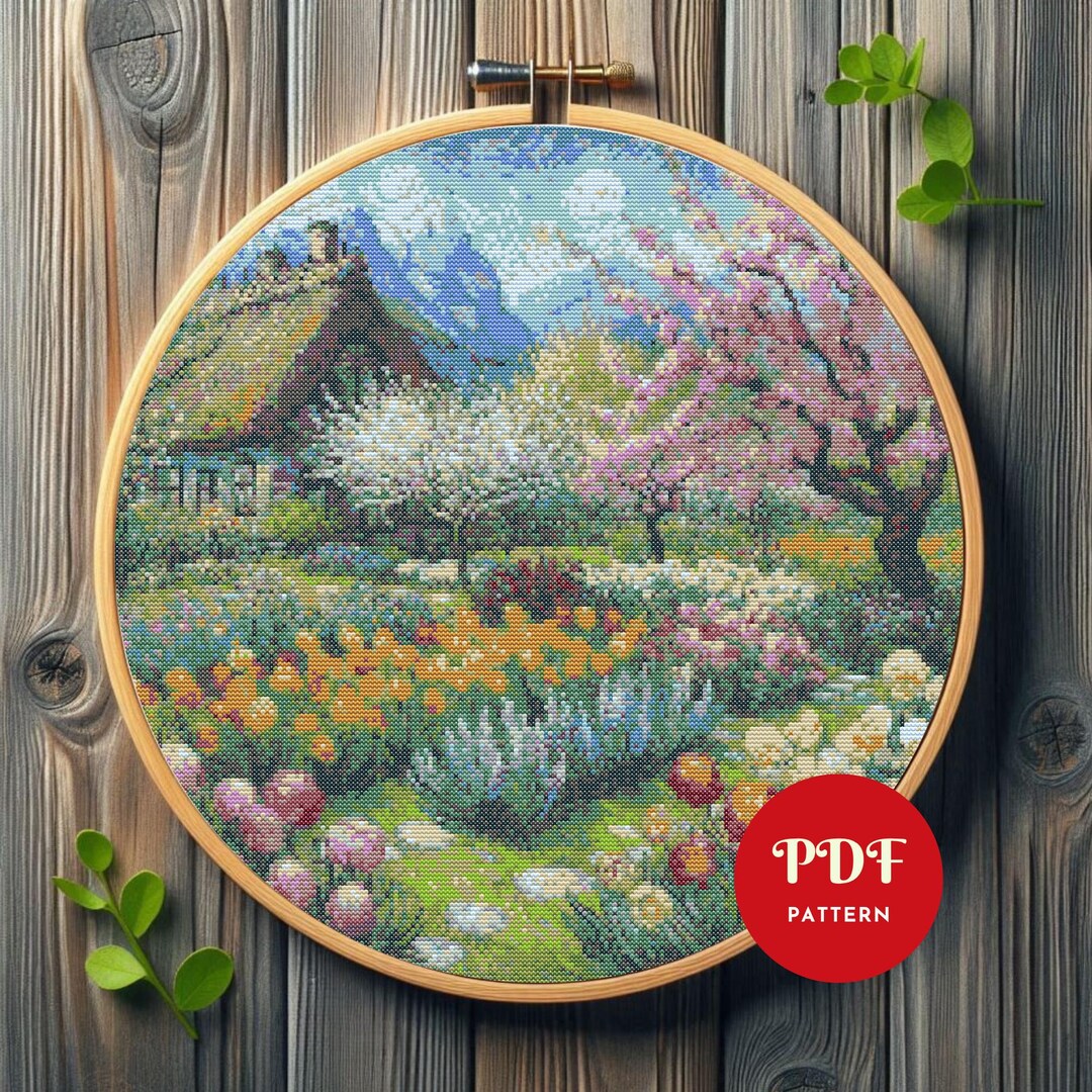 Cottage Garden Cross Stitch Pattern, Spring Floral Landscape Embroidery ...