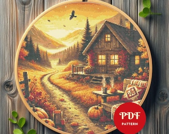 Autumn Cabin Cross Stitch Pattern PDF, Pumpkin Harvest (Pattern Keeper Compatible, Instant Download)