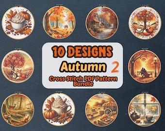 May include: A collection of ten cross-stitch PDF patterns featuring autumnal scenes. Designs include a cozy coffee cup, a forest with deer, and a couple on a park bench. The text reads "10 DESIGNS Autumn 2 Cross Stitch PDF Pattern Bundle."