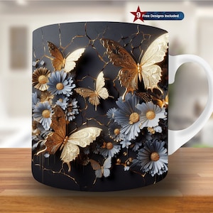 3D Golden Butterfly and Flowers Mug Wrap, 11oz & 15oz Mug Template, Mug Sublimation Design, Mug Wrap Template, Digital Download PNG, black