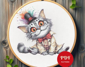 Funny Cat Cross Stitch Pattern, Kitten Embroidery Design, Pet Needlepoint Chart, Easy Cross Stitch PDF Pattern, Instant Download,DIY