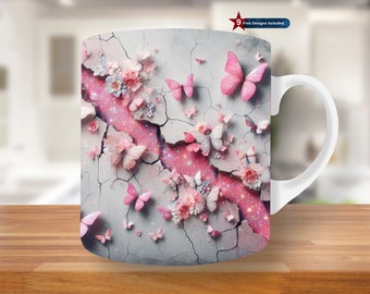 Kubek 3D Pink Butterfly Crack In A Wall Wrap, 11oz i 15oz projekt kubka, kwiatowy projekt sublimacji kubka, szablon opakowania kubka z brokatem PNG, kubek do kawy