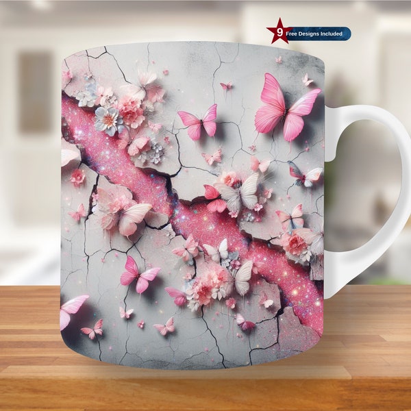 3D Pink Butterfly Crack In A Wall Mug Wrap, 11oz & 15oz Mug Design, Flower Mug Sublimation Design, Mug Wrap Template PNG, Coffee Mug, rose