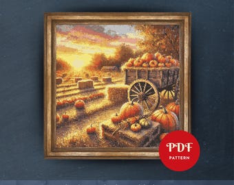 Padrão de ponto cruz de fazenda de outono, desenho de bordado de colheita de abóbora, gráfico de bordado, padrão de ponto cruz fácil em PDF, download instantâneo, faça você mesmo
