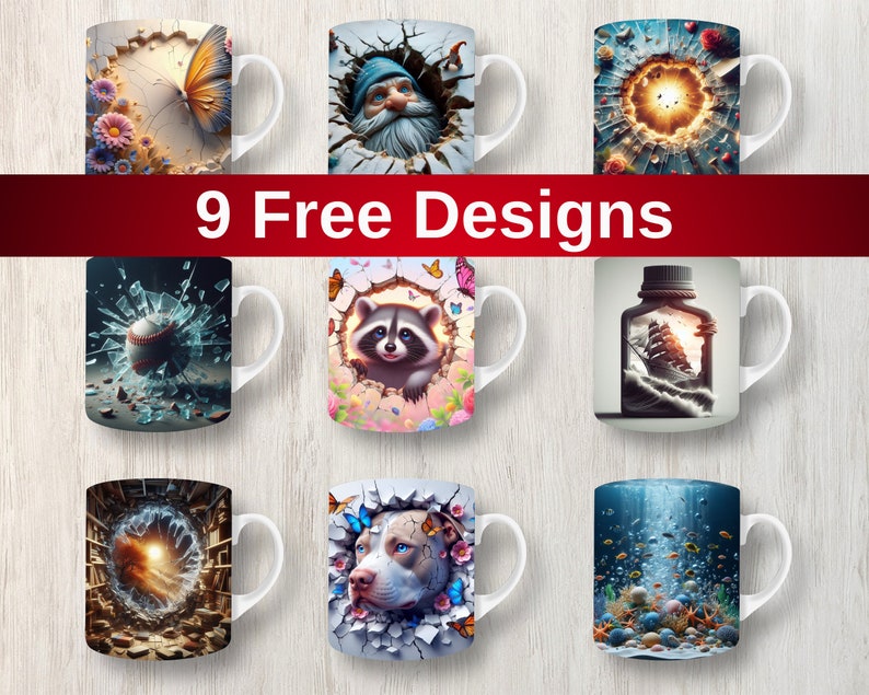 May include: Nine different designs for ceramic mugs. The designs include a butterfly, a gnome, a baseball, a raccoon, a ship in a bottle, a dog, a galaxy, and an underwater scene.