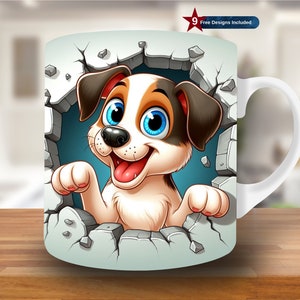 Dog Hole in a Wall Mug Wrap, 11oz & 15oz Mug Template, Cartoon Mug Sublimation Design, Puppy Mug Wrap Template,Instant Digital Download PNG