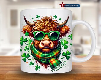 Highland Cow St. Patricks Day Mug Wrap, 11oz & 15oz Mug Template, Pattys Mug Sublimation Design,Lucky Mug Wrap Template,Instant Download Png
