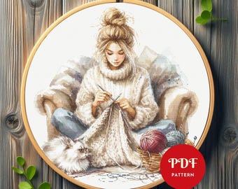 Blonde Woman Knitting Cross Stitch Pattern, Cozy Home Embroidery Design,Needlepoint Chart,Easy Cross Stitch PDF Pattern,Instant Download,DIY