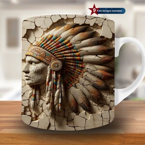 May include: White ceramic mug with a 3D design of a Native American chief wearing a headdress with feathers. The design is in shades of brown, white, and red.