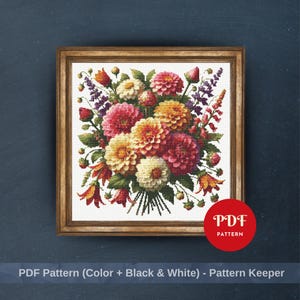 Padrão de ponto cruz com flores de zínia, bordado floral colorido, gráfico de bordado para buquê de jardim, padrão de flores botânicas em PDF, faça você mesmo
