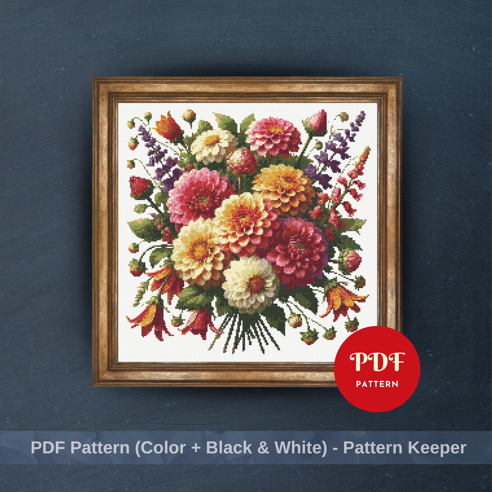 Zinnia Flowers Cross Stitch Pattern PDF, Floral Bouquet Design