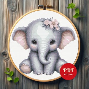 Padrão de ponto cruz de elefante bebê, design de bordado fofo para berçário de animais, gráfico de ponto cruz, padrão de ponto cruz fácil em PDF, download instantâneo