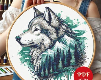 Wolf and Mountain Cross Stitch Pattern, Wild Animal Embroidery Stitch Pattern, Embroidery, Cross Stitch PDF Pattern File, Digital download