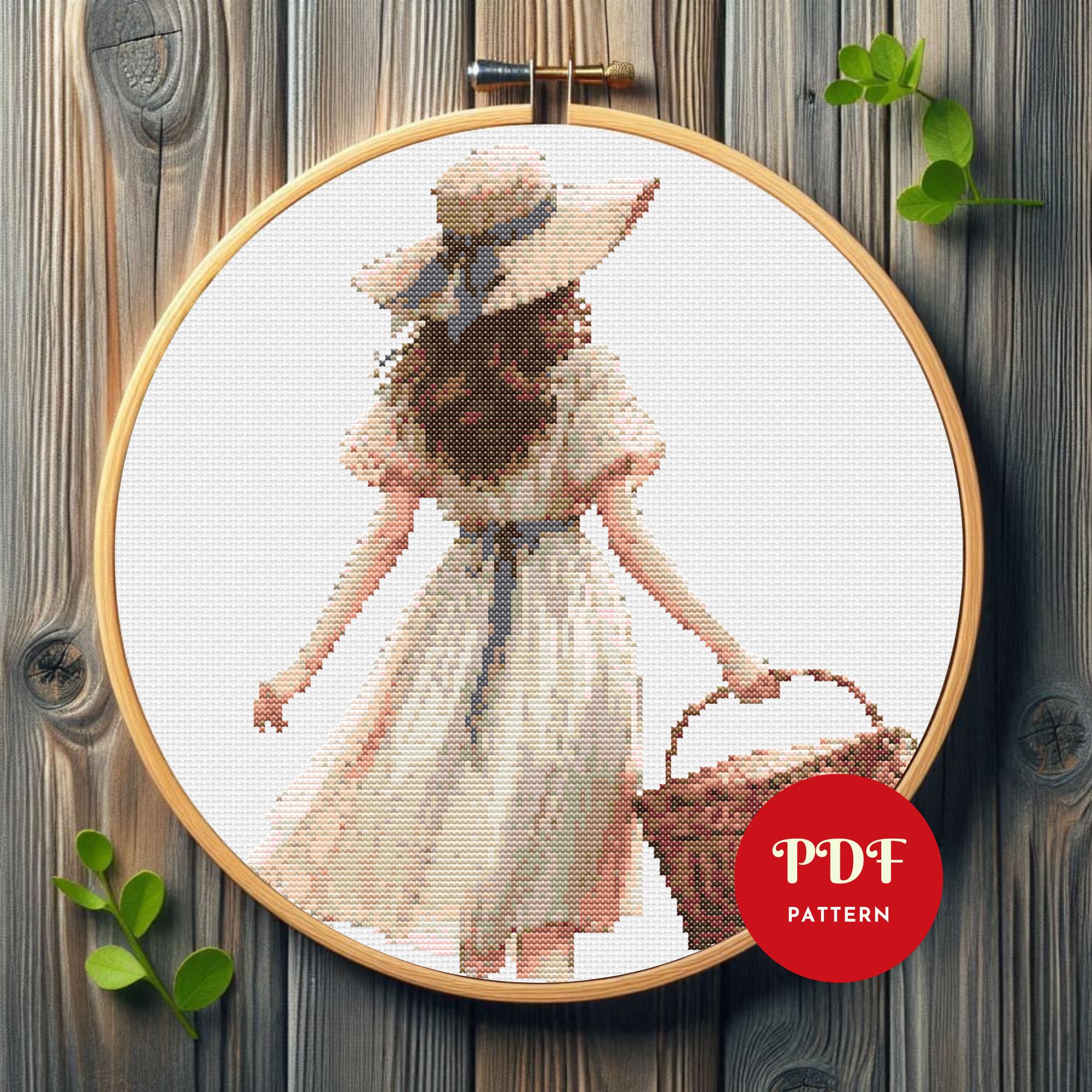 夏の女の子のクロスステッチパターン、ポジティブな雰囲気の刺繍