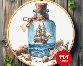 Schiff in einer Flasche Kreuzstichmuster, Nautische Stickdatei,Ozean Nadelstich Vorlage, Meer Kreuzstich PDF Muster, Sofort Download, DIY