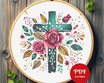 Blommigt korsstygnsmönster, kristen broderidesign, religiöst nålstygnsdiagram, enkelt korsstygnsmönster i PDF-format, direktnedladdning, gör-det-själv