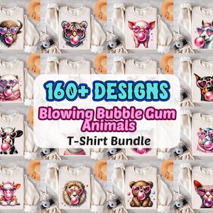 May include: A collection of 160+ T-shirt designs featuring cute animals blowing bubble gum. The designs are available in a bundle.