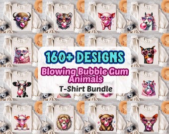 Blowing Bubble Gum Animals Bundle Png, Sublimation Design, Animal Clipart, Funny Tshirt Png, T-Shirt Design png, Instant Download Png, DTF