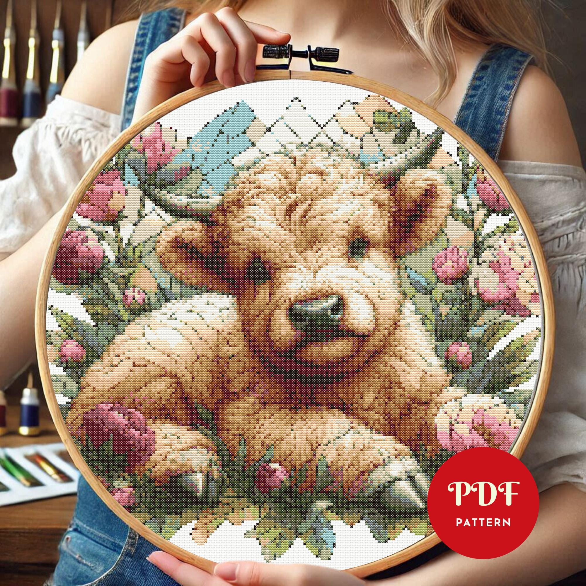 ベビーハイランド牛のクロスステッチパターン、農場の動物の刺繍