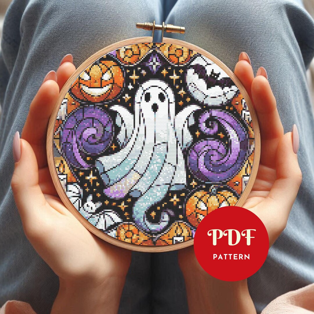 Halloween Ghost Cross Stitch Pattern, Spooky Season Embroidery Design ...