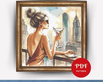 Girl Drinking Martini Cross Stitch Pattern, Female Embroidery Design, Woman Needlepoint Chart, Cross Stitch PDF Pattern,Instant Download,DIY