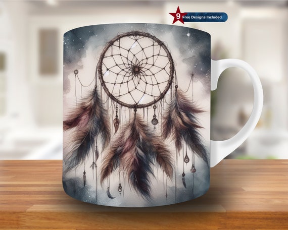 Watercolor Dreamcatcher Mug Wrap, 11oz & 15oz Mug Template, Native American Mug Sublimation Design, Mug Wrap Template, Digital Download PNG