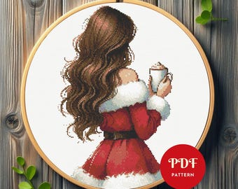 Noël fille motif point de croix, motif de broderie femme, tableau de broderie de vacances, motif PDF facile au point de croix, téléchargement immédiat, bricolage