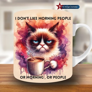 Puede incluir: Taza de cerámica blanca con un diseño de acuarela colorido que presenta a Grumpy Cat sosteniendo una taza de café. El texto en la taza dice "I don't like morning people or morning, or people."