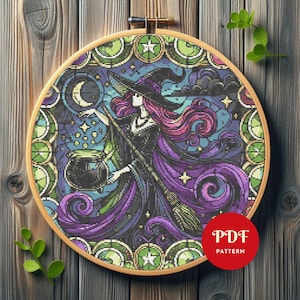 Halloween Witch Cross Stitch Pattern, Spooky Season Embroidery Design,Needlepoint Chart, Easy Cross Stitch PDF Pattern, Instant Download,DIY
