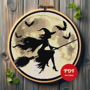 Witch Cross Stitch Pattern, Halloween Embroidery Design,Flying Witch Needlepoint Chart,Witchcraft PDF Pattern,Spooky Season Cross Stitch,DIY