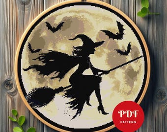 Witch Cross Stitch Pattern, Halloween Embroidery Design,Flying Witch Needlepoint Chart,Witchcraft PDF Pattern,Spooky Season Cross Stitch,DIY