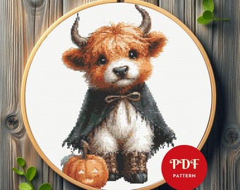 Halloween Highland Cow Cross Stitch Pattern, Cute Calf with Pumpkin Embroidery Design, Needlepoint Chart, Easy Cross Stitch PDF Pattern, DIY