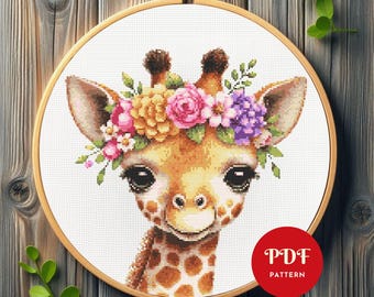 Schattige giraf kruissteekpatroon, baby dier borduurwerk ontwerpen, borduurpatroon, eenvoudig kruissteek pdf-patroon, direct downloaden, DIY