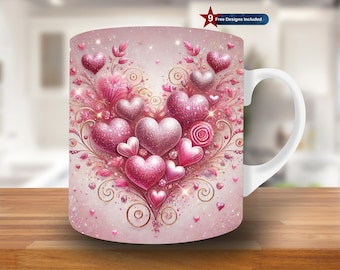 Valentine's Day Pink Hearts Mug Wrap, 11oz & 15oz Mug Template, Floral Mug Sublimation Design, Love Mug Wrap Template, Instant Download PNG
