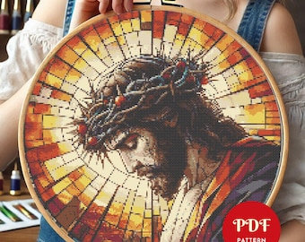 Patrón de punto de cruz de Jesús, diseño de bordado religioso de la Corona de Espinas, gráfico de bordado, patrón PDF de punto de cruz fácil, descarga instantánea, bricolaje