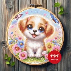 Cute Puppy Cross Stitch Pattern, Spring Dog Embroidery Design, Animal Needlepoint Chart, Cross Stitch PDF Pattern, Instant Download, DIY,pet